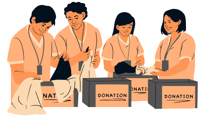 Group of volunteers organizing clothing donations